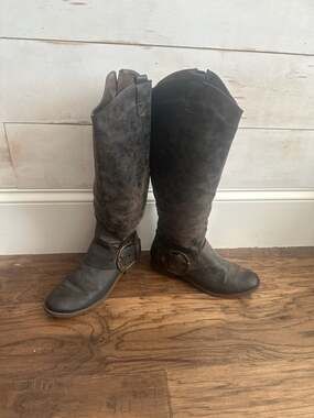 Y Not? Women's Distressed Brown Tall Riding Boots with Buckle Detail